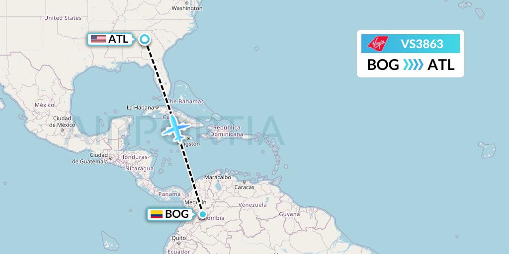 VS3863 Virgin Atlantic Airways Flight Map: Bogota to Atlanta