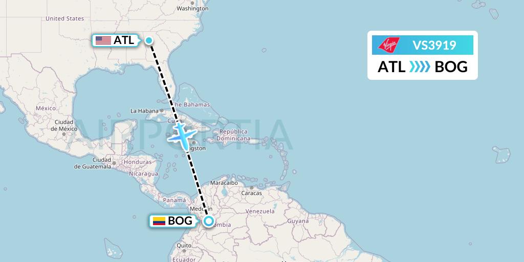 VS3919 Virgin Atlantic Airways Flight Map: Atlanta to Bogota