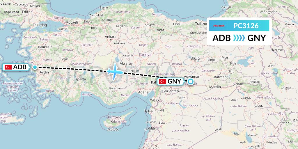 PC3126 Pegasus Airlines Flight Map: Izmir to Sanliurfa