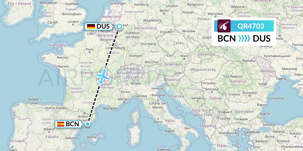 QR4703 Qatar Airways Flight Map: Barcelona to Dusseldorf