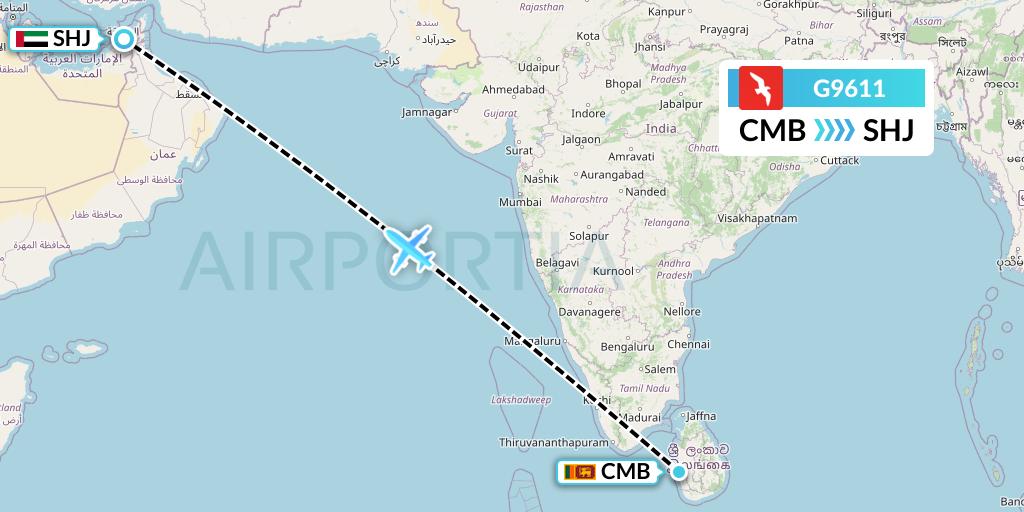 G9611 Air Arabia Flight Map: Colombo to Sharjah