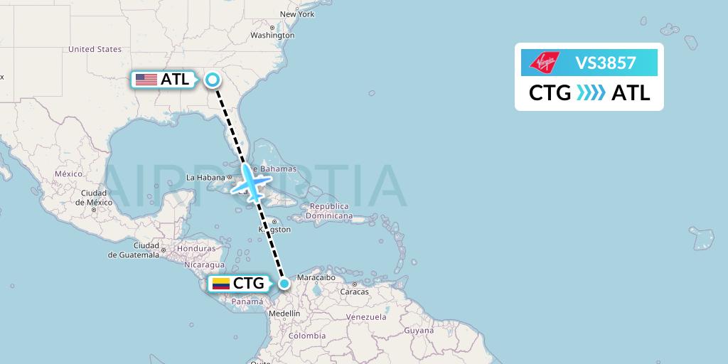 VS3857 Virgin Atlantic Airways Flight Map: Cartagena to Atlanta