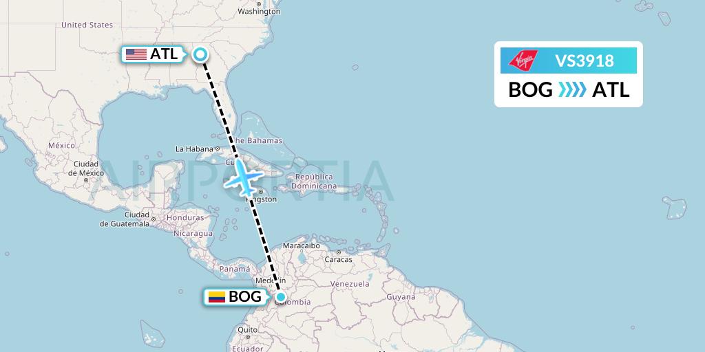 VS3918 Virgin Atlantic Airways Flight Map: Bogota to Atlanta