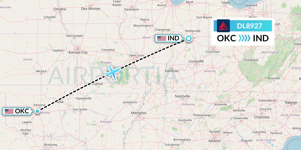 DL8927 Delta Air Lines Flight Map: Oklahoma City to Indianapolis