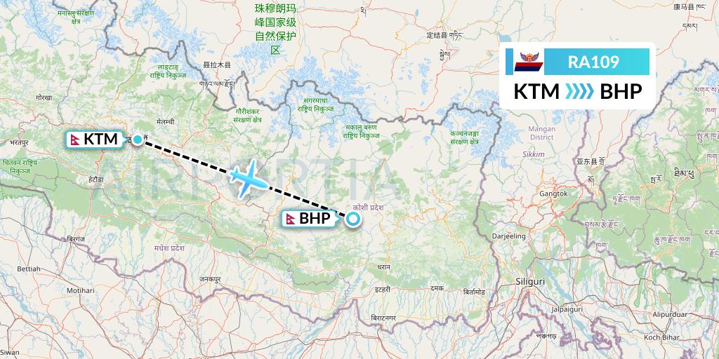 RA109 Royal Nepal Airlines Flight Map: Kathmandu to Bhojpur