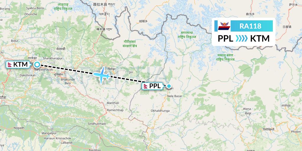 RA118 Royal Nepal Airlines Flight Map: Phaplu to Kathmandu