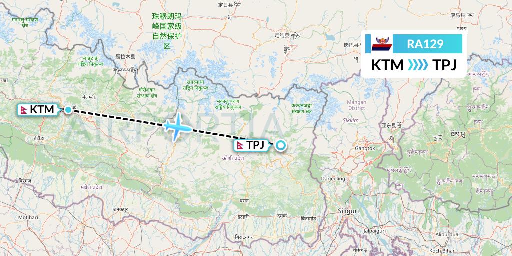 RA129 Royal Nepal Airlines Flight Map: Kathmandu to Taplejung