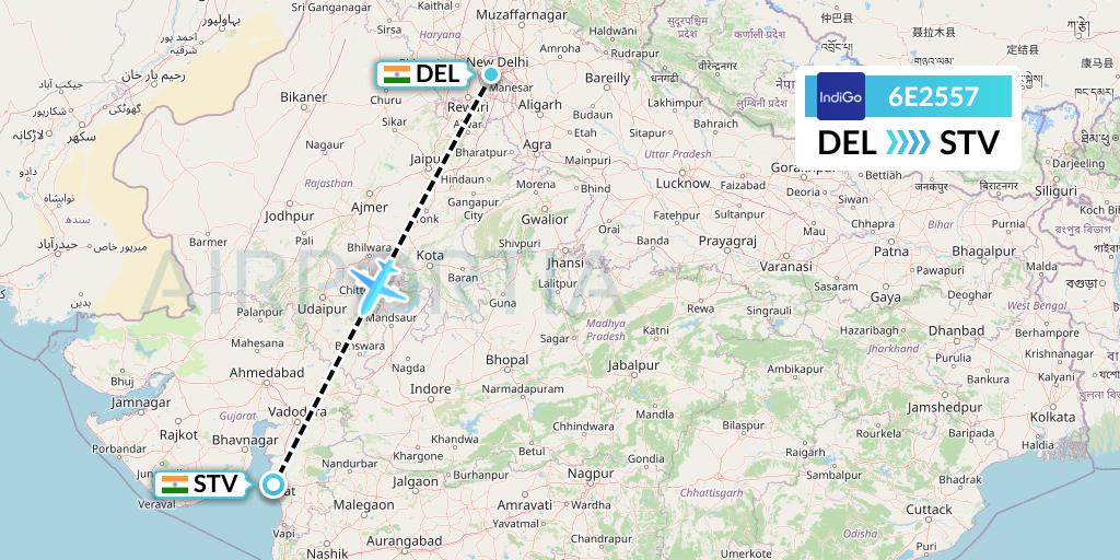 6E2557 IndiGo Airlines Flight Map: Delhi to Surat