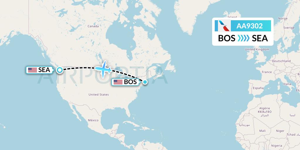 AA9302 American Airlines Flight Map: Boston to Seattle