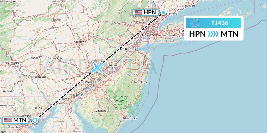 TJ436 Tradewind Aviation Flight Map: White Plains to Baltimore