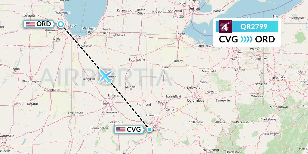 QR2799 Qatar Airways Flight Map: Cincinnati to Chicago