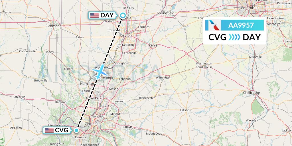 AA9957 American Airlines Flight Map: Cincinnati to Dayton