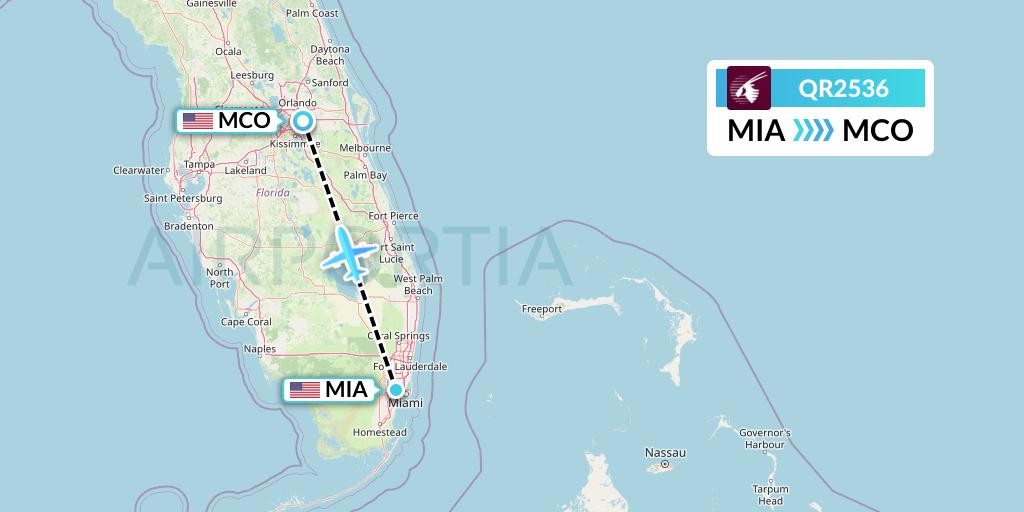 QR2536 Qatar Airways Flight Map: Miami to Orlando