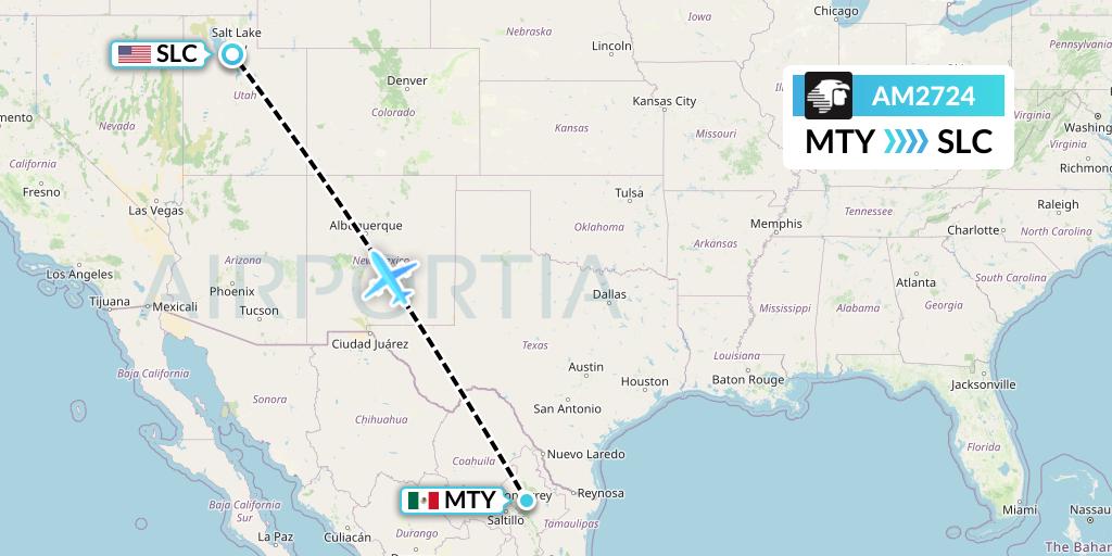 AM2724 Aeromexico Flight Map: Monterrey to Salt Lake City