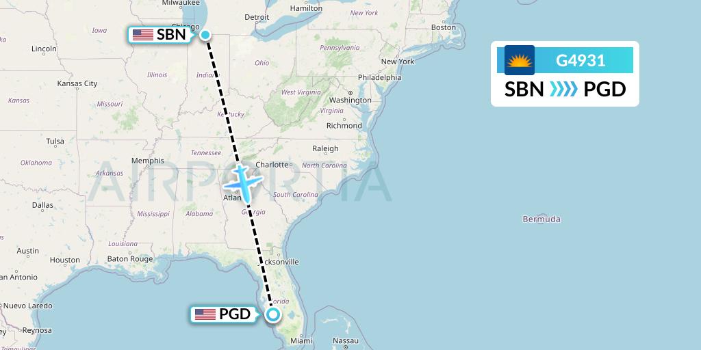 G4931 Allegiant Air Flight Map: South Bend to Punta Gorda