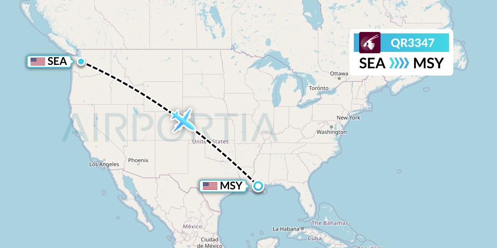 QR3347 Qatar Airways Flight Map: Seattle to New Orleans