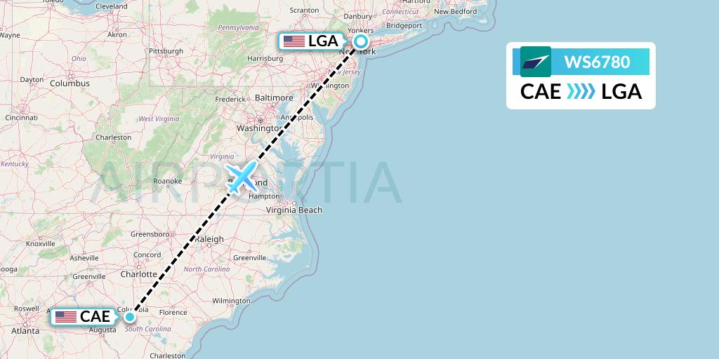 WS6780 WestJet Flight Map: Columbia to New York