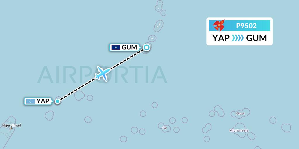 P9502 Asia Pacific Airlines Flight Map: Yap to Guam