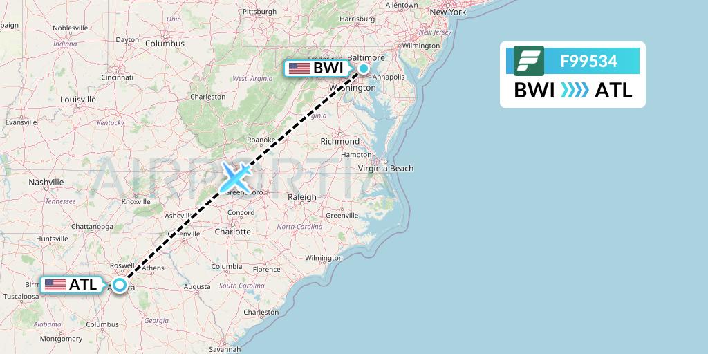 F99534 Frontier Airlines Flight Map: Baltimore to Atlanta