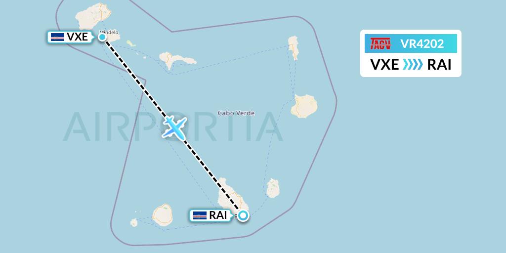 VR4202 TACV Cape Verde Airlines Flight Map: Sao Vicente to Praia