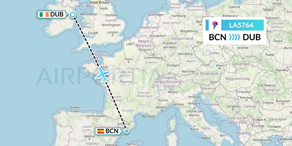 LA5764 LAN Airlines Flight Map: Barcelona to Dublin