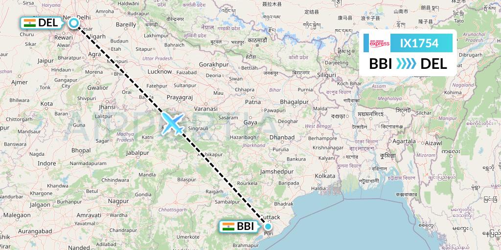 IX1754 Air India Express Flight Map: Bhubaneswar to Delhi