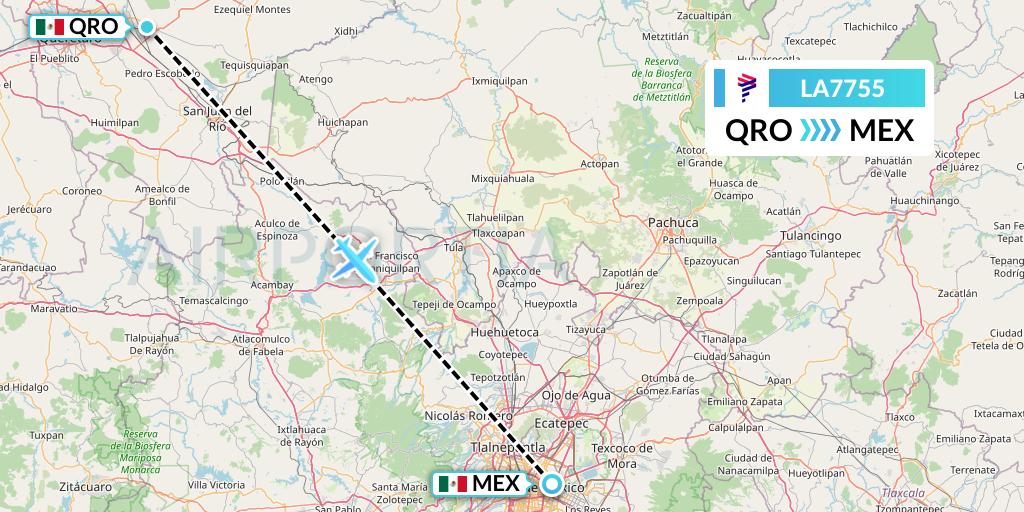 LA7755 LAN Airlines Flight Map: Queretaro to Mexico City