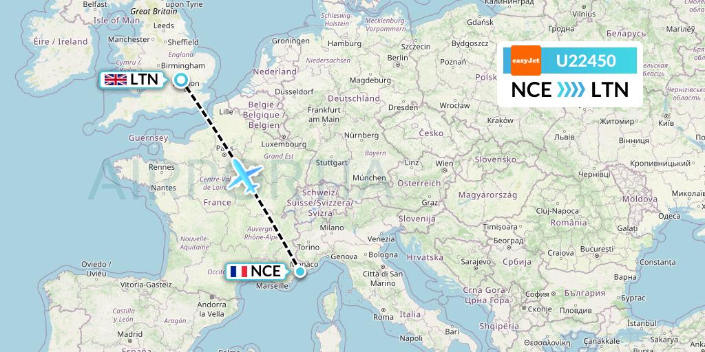 U22450 EasyJet Flight Map: Nice to London