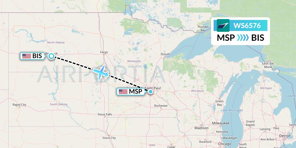 WS6576 WestJet Flight Map: Minneapolis to Bismarck