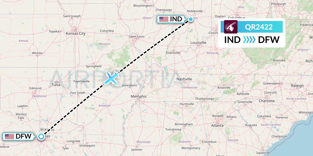 QR2422 Qatar Airways Flight Map: Indianapolis to Dallas