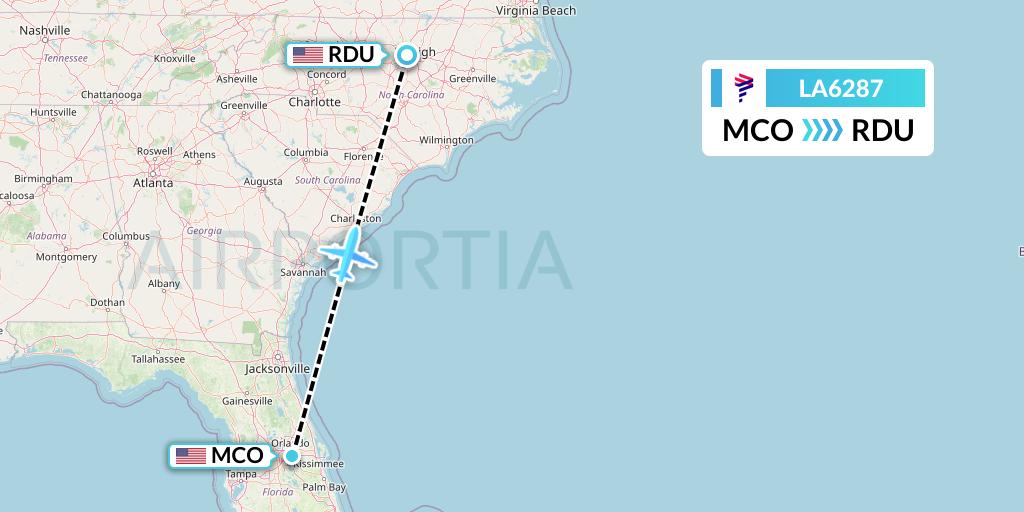 LA6287 LAN Airlines Flight Map: Orlando to Raleigh-Durham