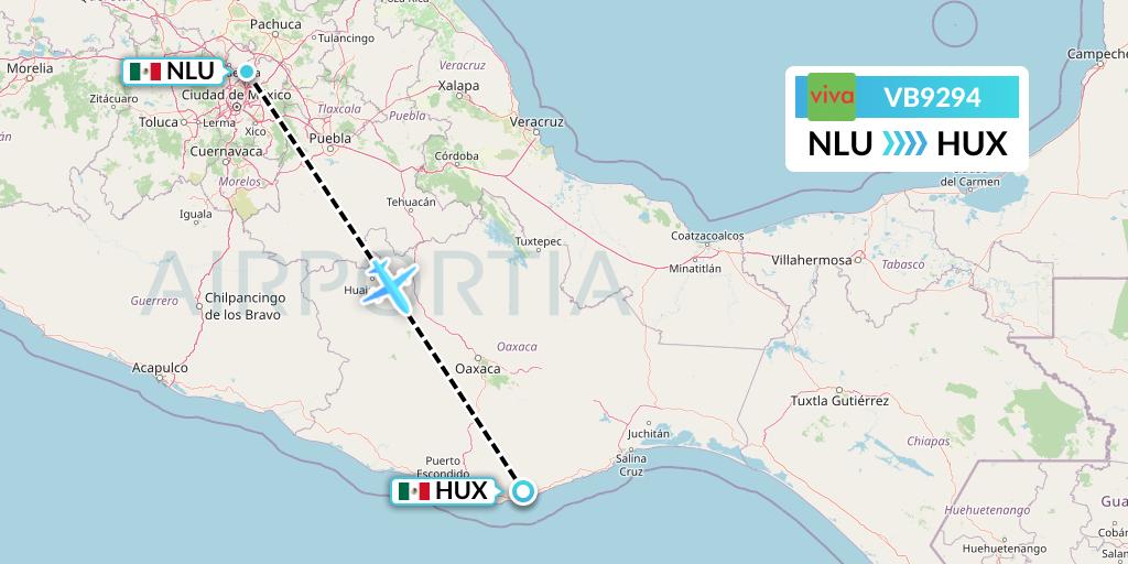 VB9294 VivaAerobus Flight Map: Reyes Acozac to Huatulco