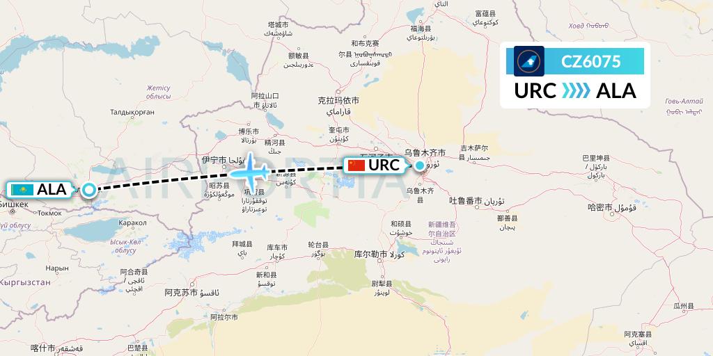 CZ6075 China Southern Airlines Flight Map: Urumqi to Almaty