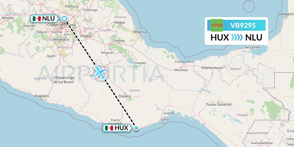 VB9295 VivaAerobus Flight Map: Huatulco to Reyes Acozac