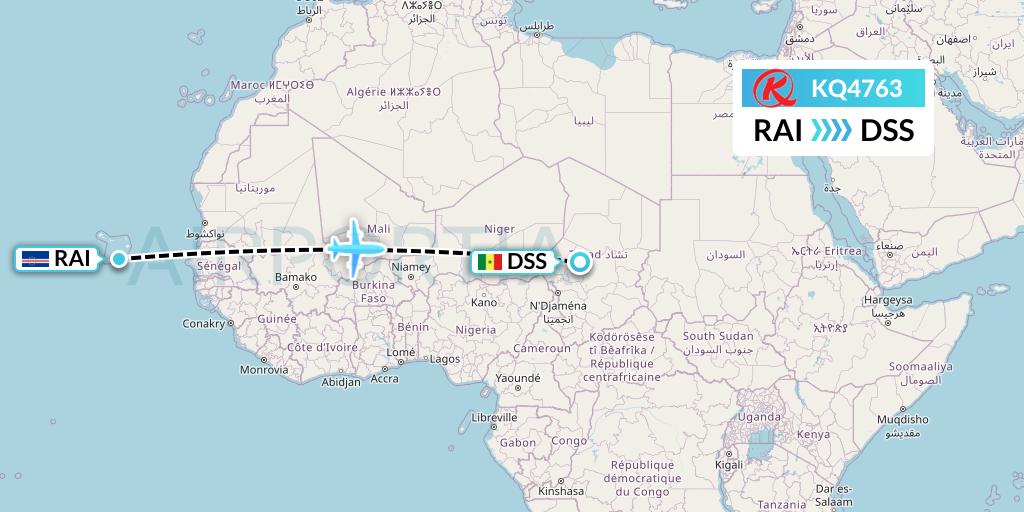 KQ4763 Kenya Airways Flight Map: Praia to Dakar