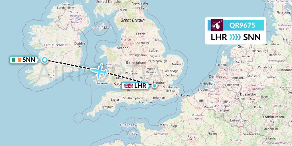 QR9675 Qatar Airways Flight Map: London to Shannon