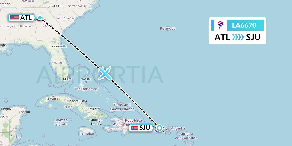 LA6670 LAN Airlines Flight Map: Atlanta to San Juan