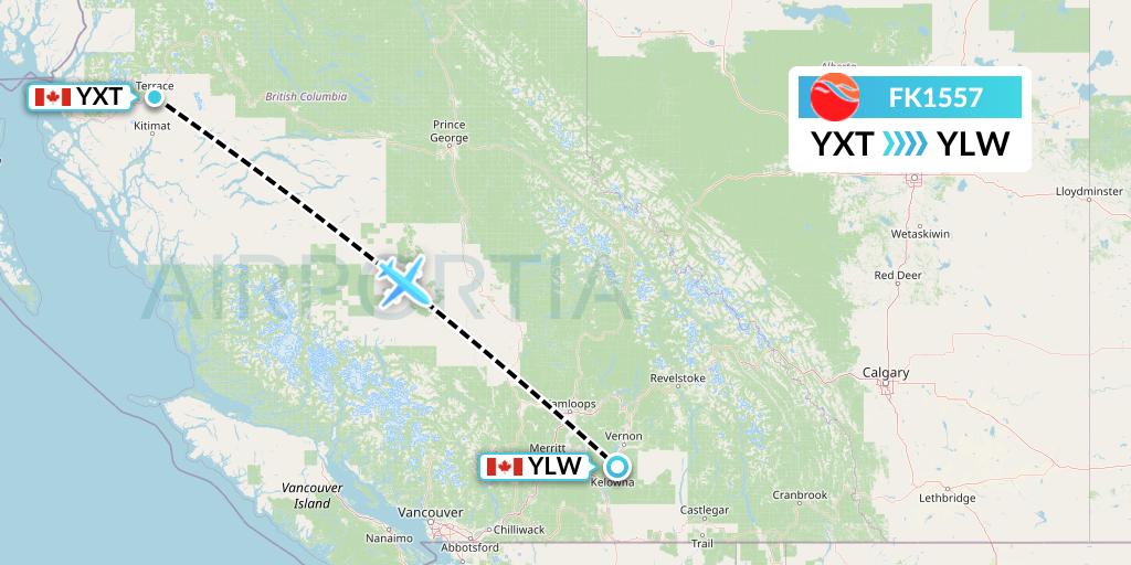 FK1557 Kelowna Flightcraft Air Flight Map: Terrace to Kelowna