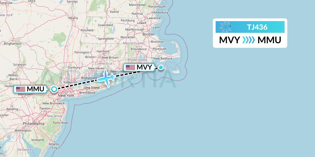 TJ436 Tradewind Aviation Flight Map: Martha's Vineyard to Morristown