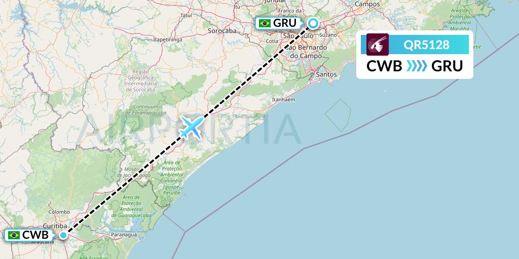 QR5128 Qatar Airways Flight Map: Curitiba to Sao Paulo