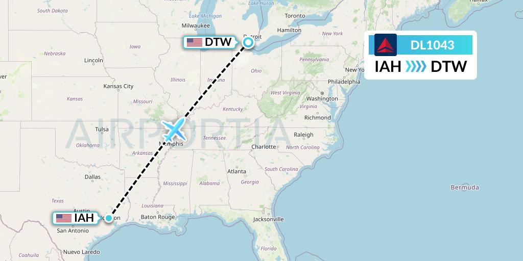 DL1043 Delta Air Lines Flight Map: Houston to Detroit