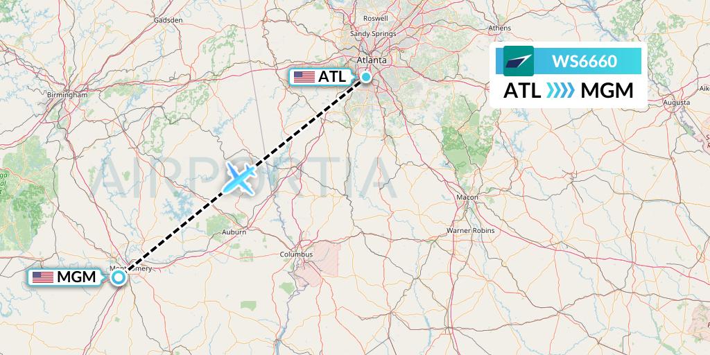WS6660 WestJet Flight Map: Atlanta to Montgomery