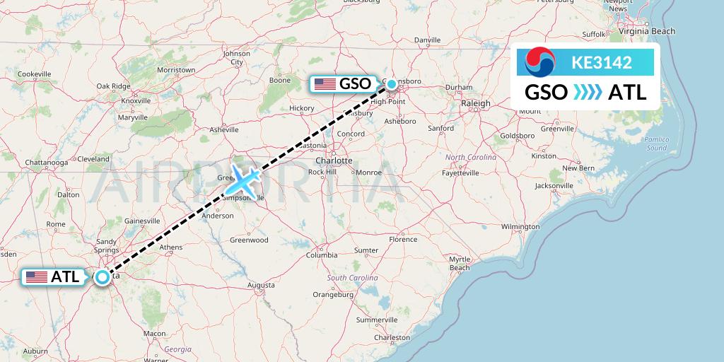 KE3142 Korean Air Flight Map: Greensboro to Atlanta