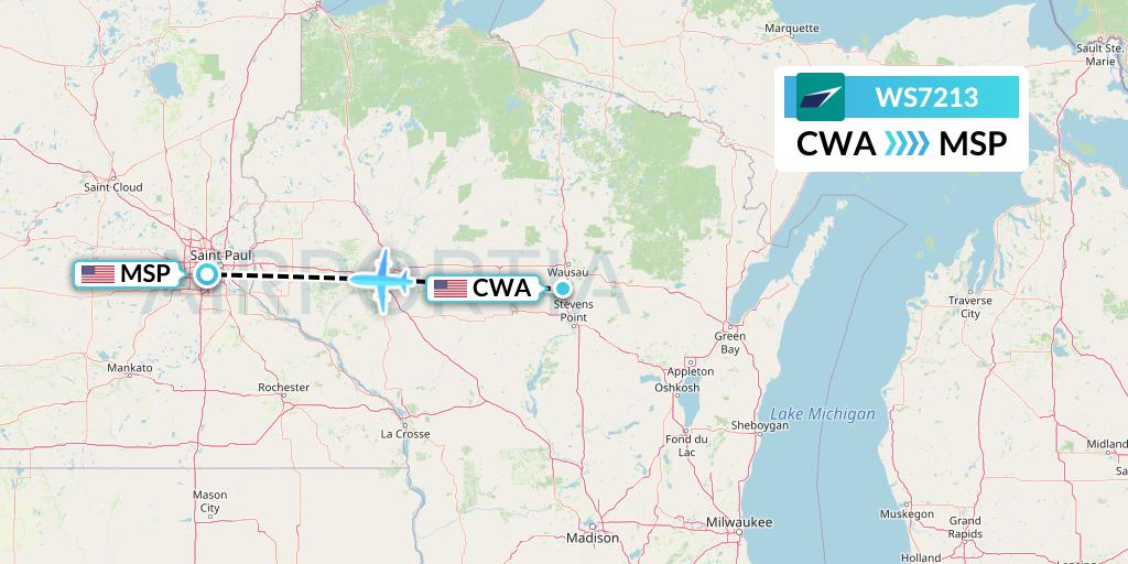 WS7213 WestJet Flight Map: Wausau to Minneapolis