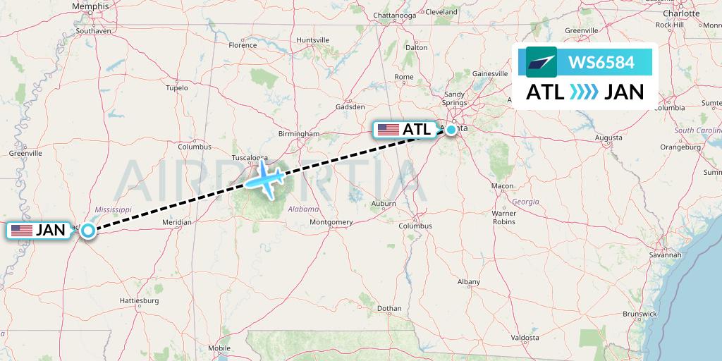 WS6584 WestJet Flight Map: Atlanta to Jackson