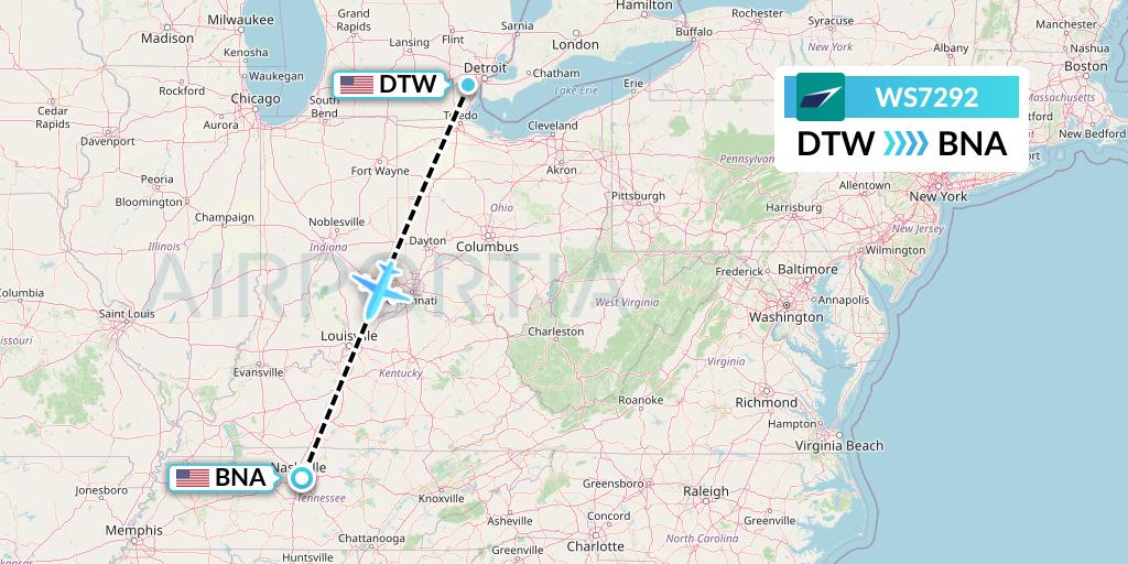 WS7292 WestJet Flight Map: Detroit to Nashville