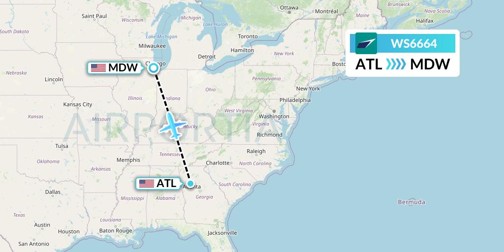 WS6664 WestJet Flight Map: Atlanta to Chicago