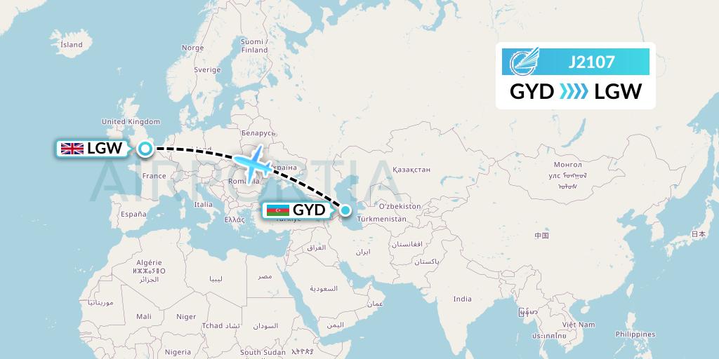 J2107 Azerbaijan Airlines Flight Map: Baku to London