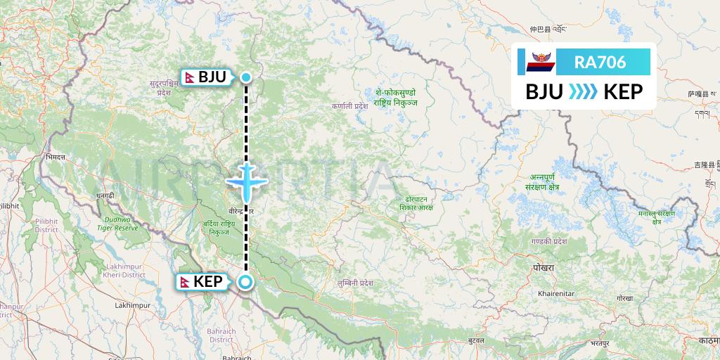 RA706 Royal Nepal Airlines Flight Map: Bajura to Nepalgunj