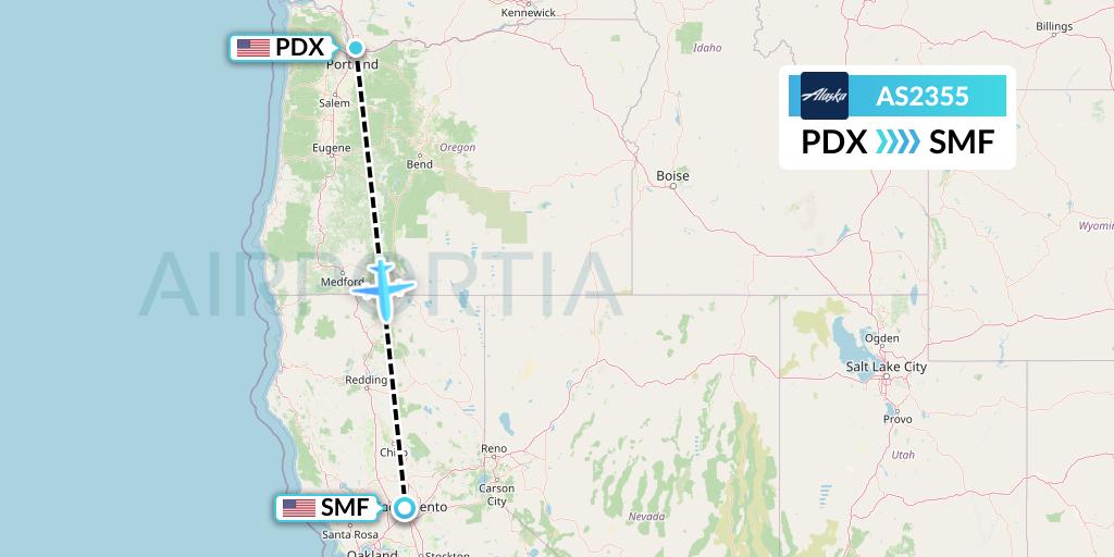 AS2355 Alaska Airlines Flight Map: Portland to Sacramento